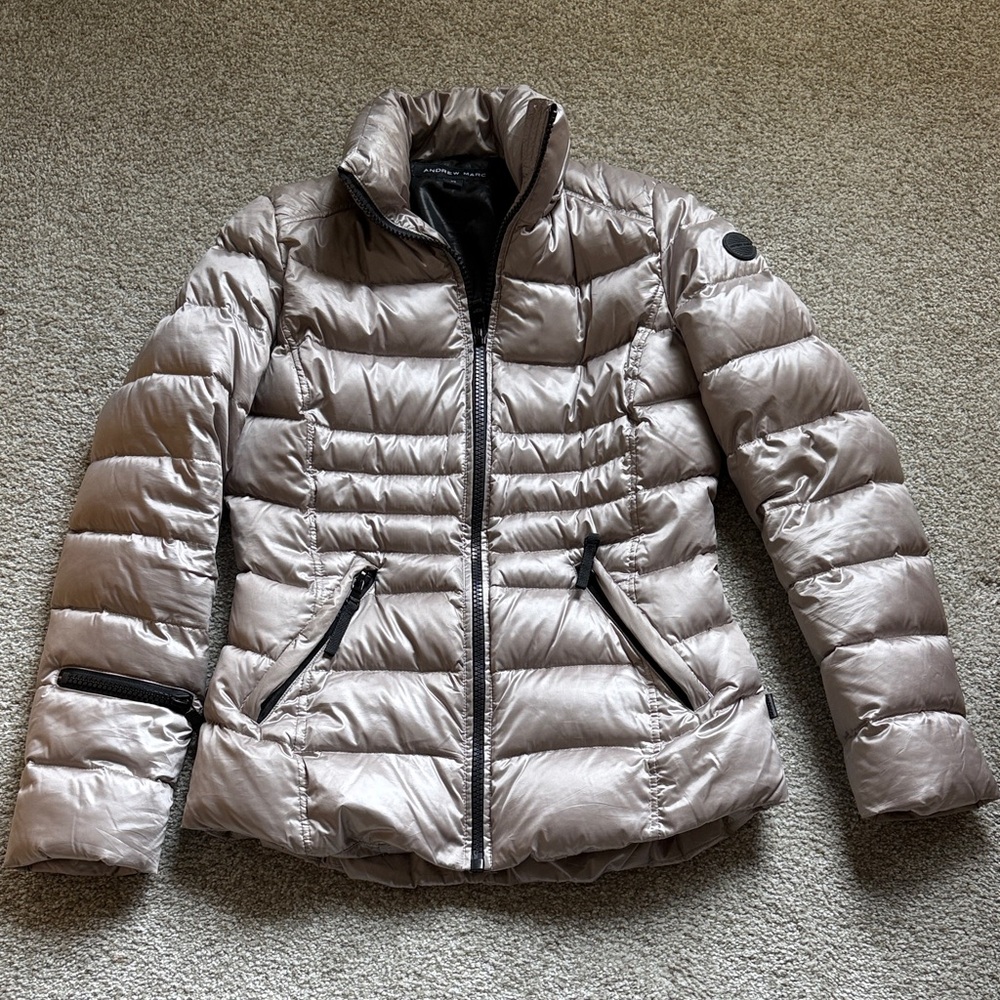 Andrew Marc Light Metallic Taupe Puffer Jacket with Black Zippers